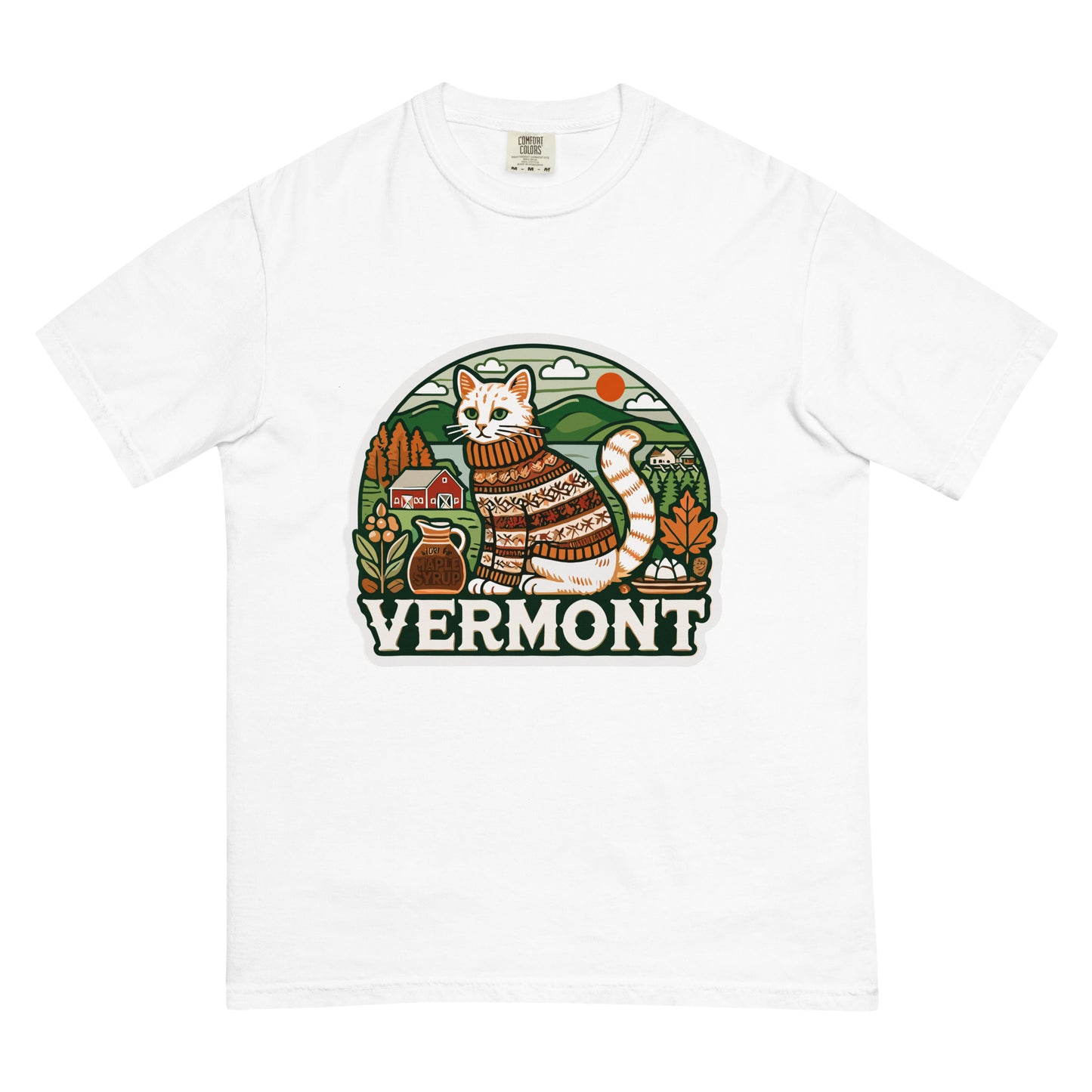 White Vermont cat t-shirt featuring a cat in a sweater with scenic Vermont landscape graphic
