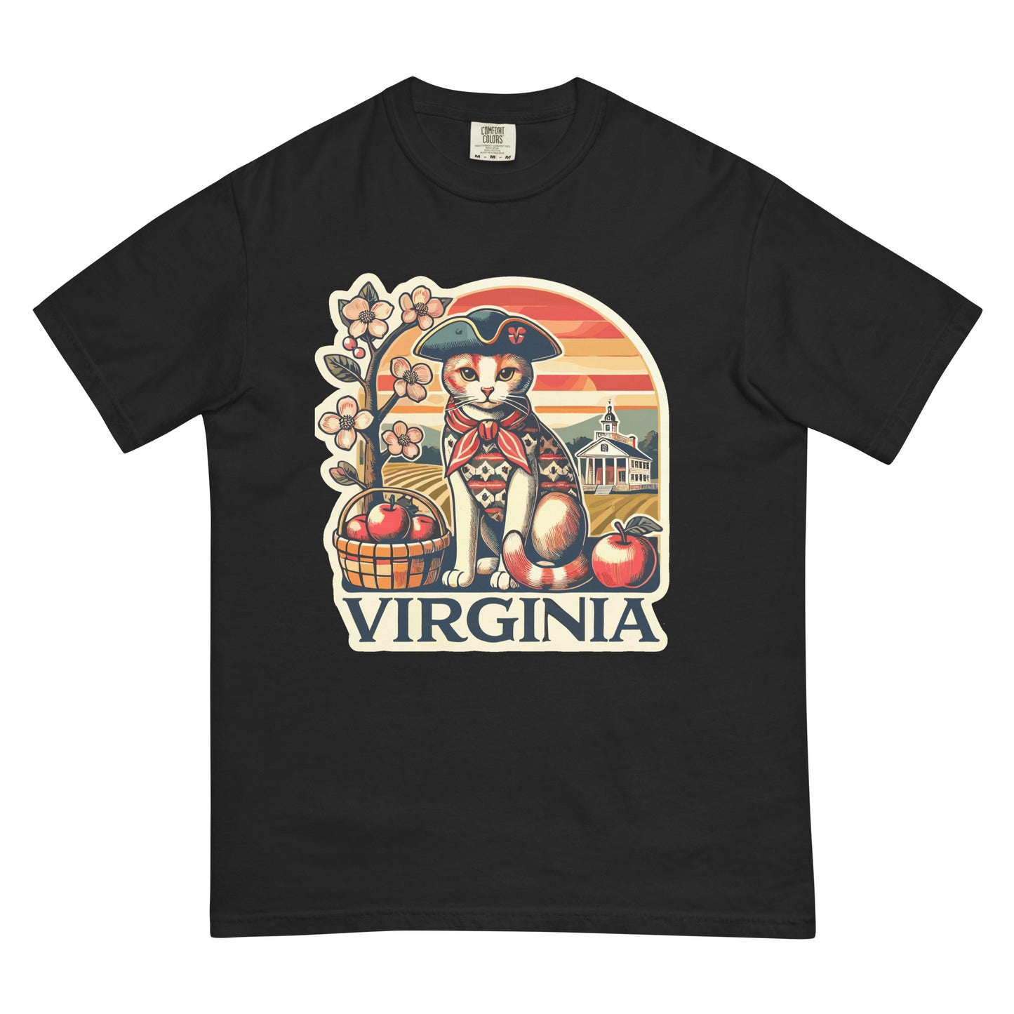 Black Virginia cat t-shirt featuring a cat in a colonial hat with apples and Virginia scenery