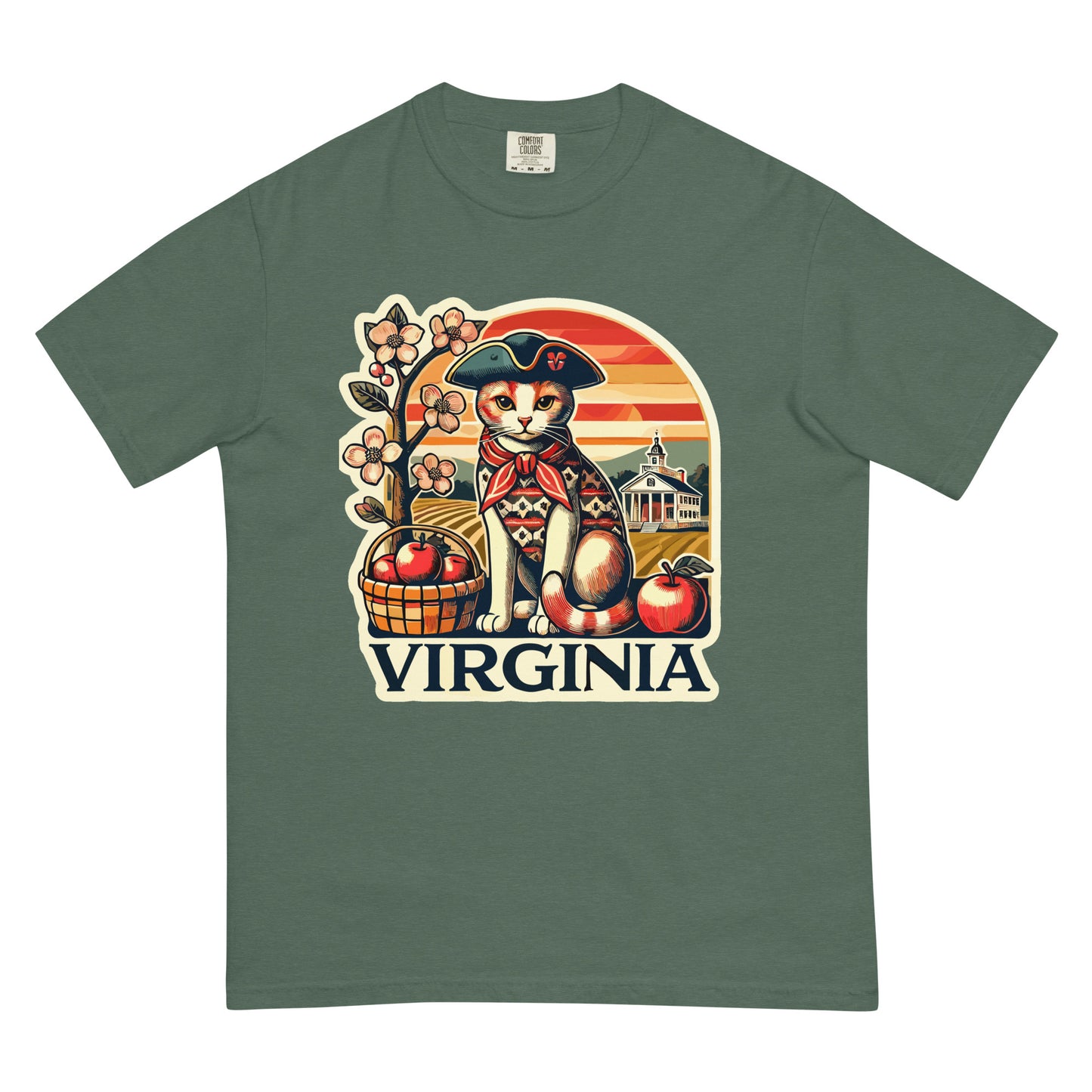 Meowrica Virginia cat t-shirt with patriotic cat design holding basket of apples on green tee