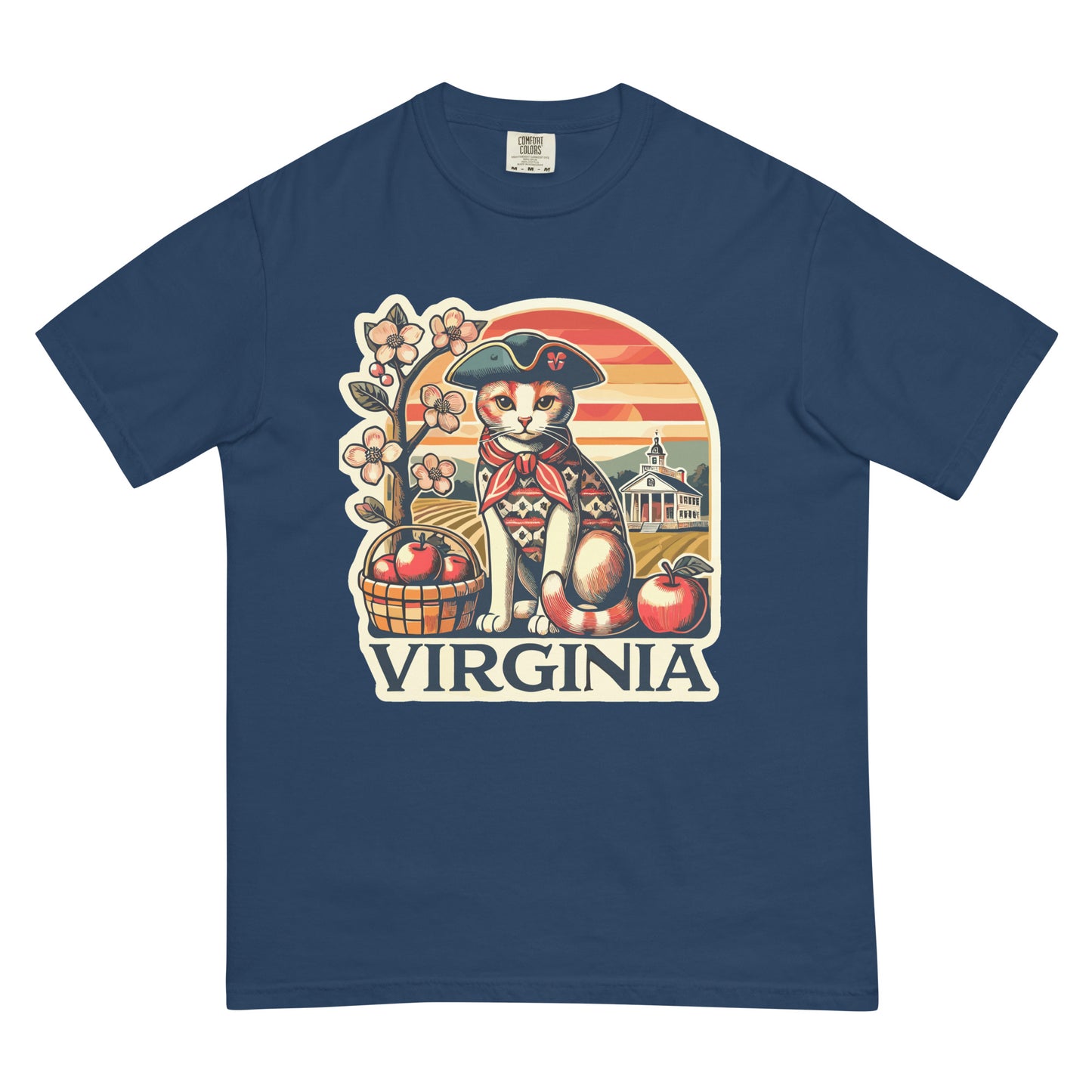 Virginia cat t-shirt in navy blue featuring a cat with colonial hat and apples with Virginia text
