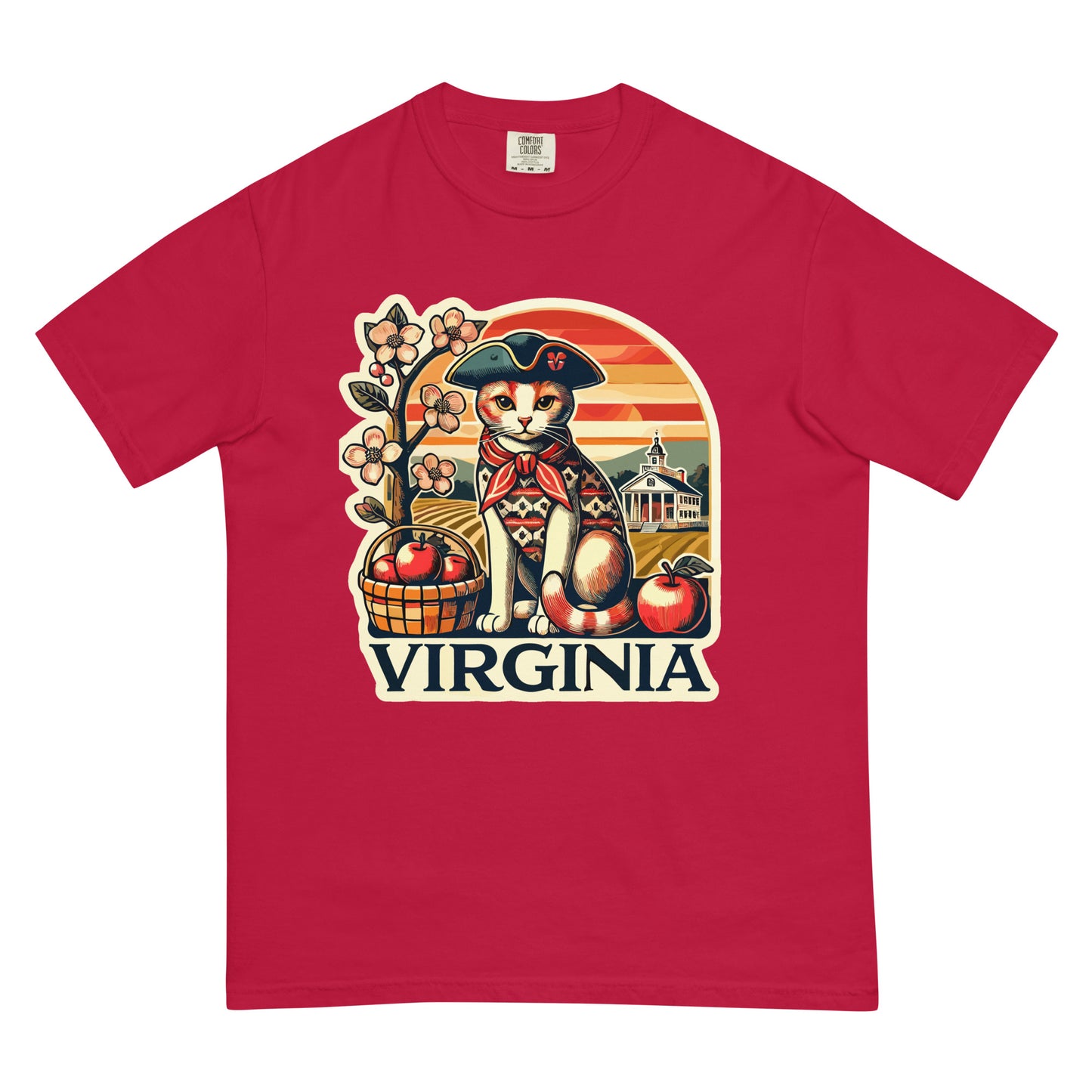 Meowrica Virginia cat t-shirt in red featuring a cat in a historic outfit with apples and a sunset