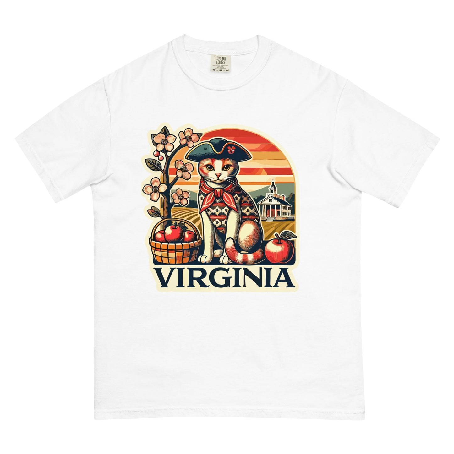 White Virginia cat t-shirt featuring a cat in colonial attire with apples and a historic building