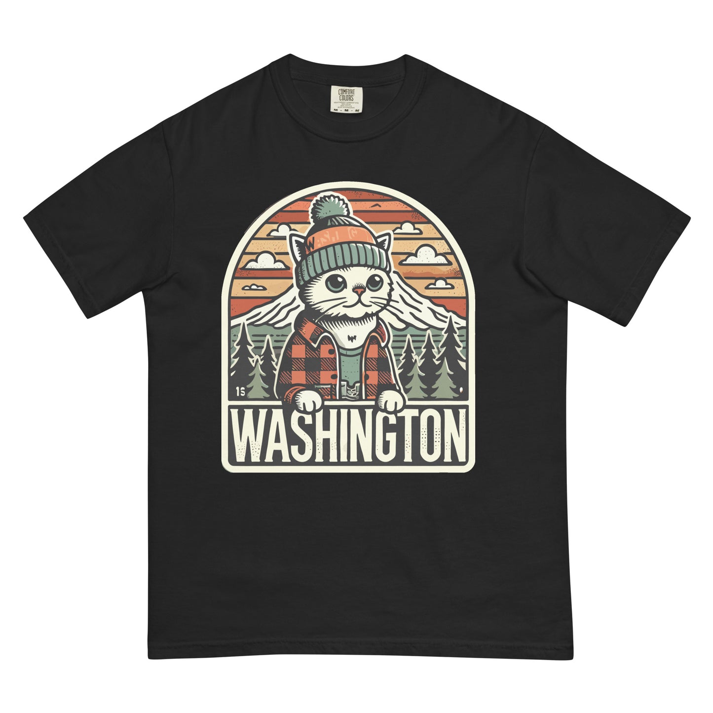 Black Washington cat t-shirt featuring a cat in a beanie and flannel with mountains and trees background
