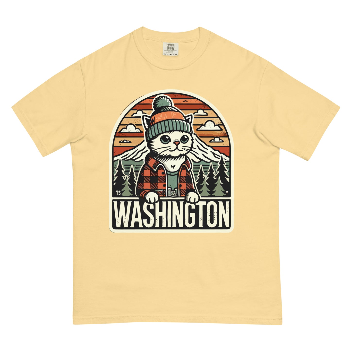 Washington cat t-shirt featuring a cat in a beanie and plaid shirt with mountain and forest background