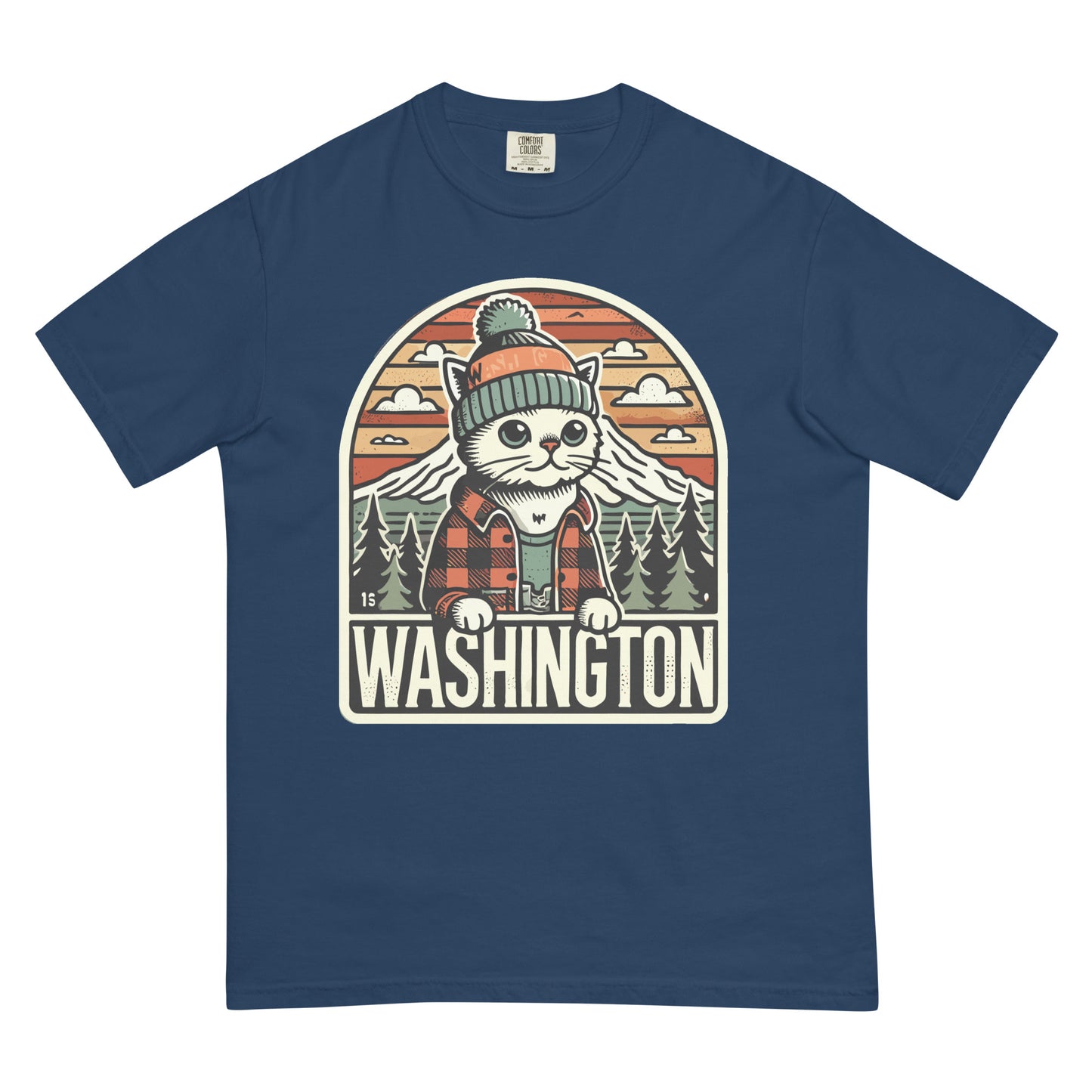 Navy blue Washington cat t-shirt with a cute cat wearing a beanie and flannel in front of mountains