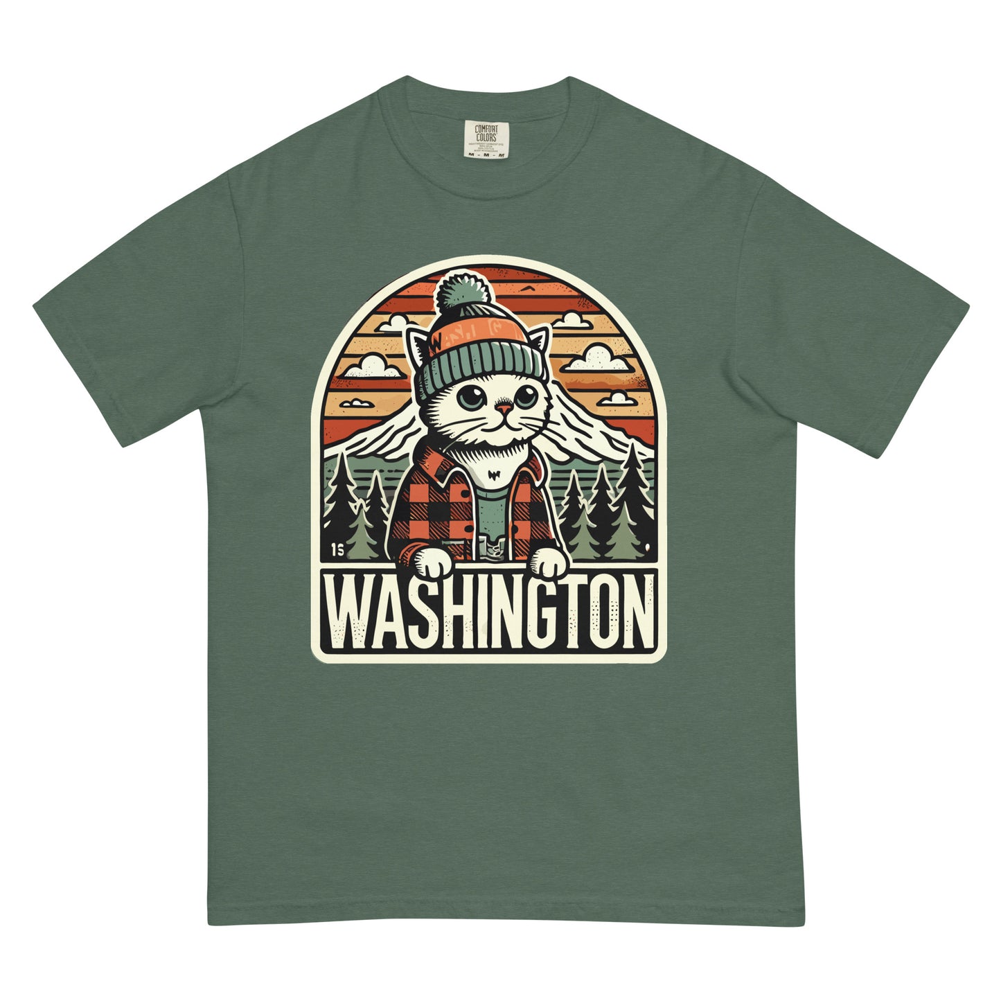 Green Washington cat t-shirt with a graphic of a cat wearing a beanie and plaid shirt in a forest setting