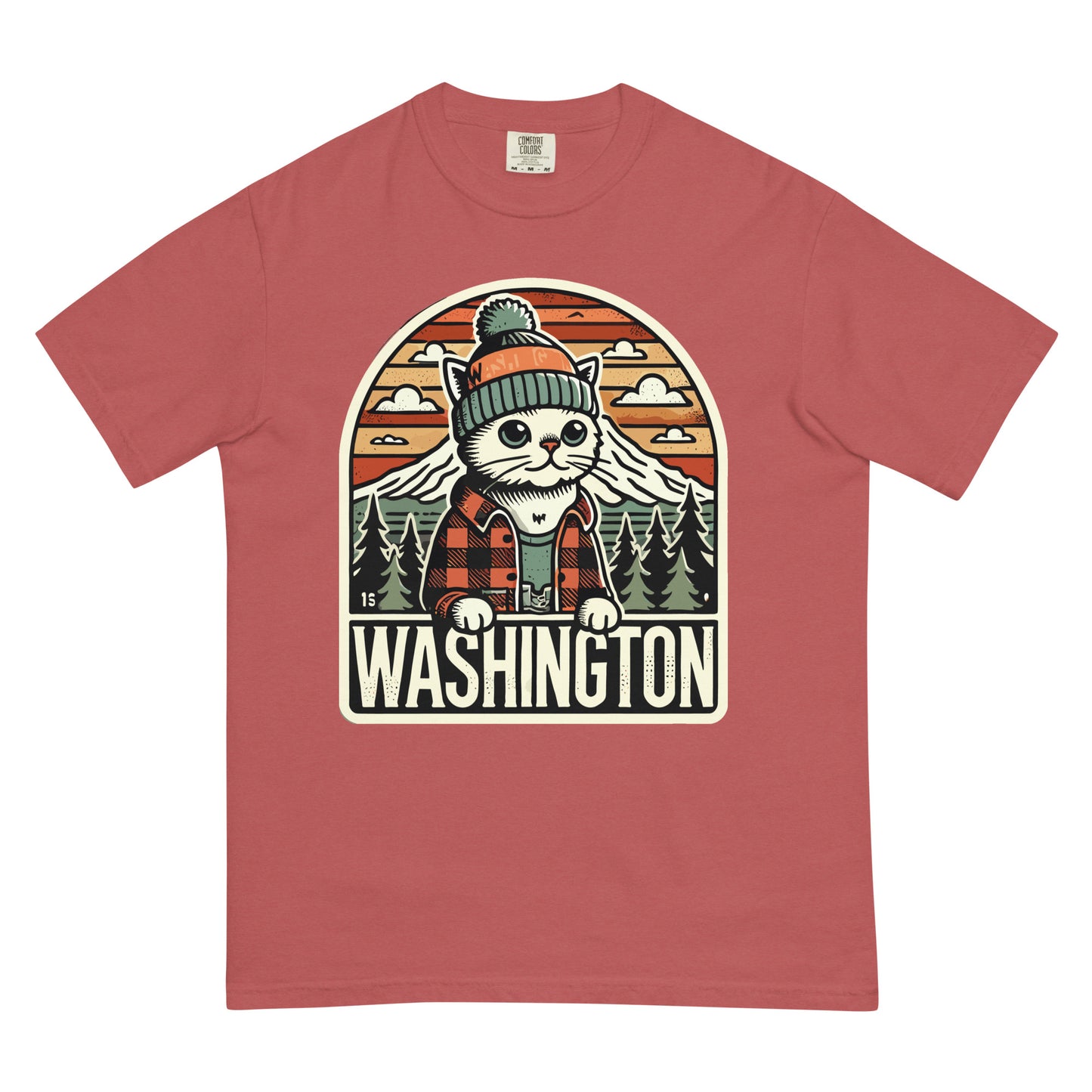 Washington cat t-shirt in red featuring a cat wearing a beanie and flannel with mountain and forest background