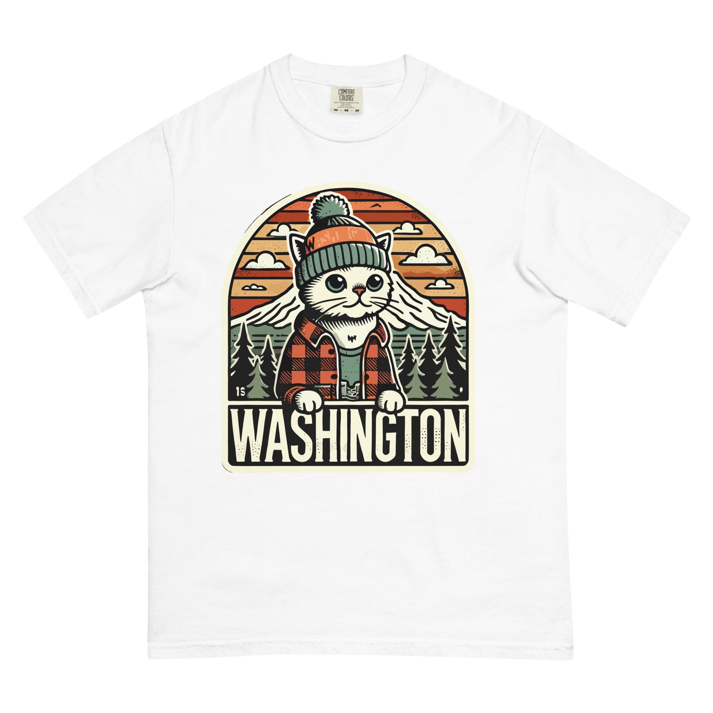 White Washington cat t-shirt with cute cat in beanie and plaid shirt against mountain and forest background