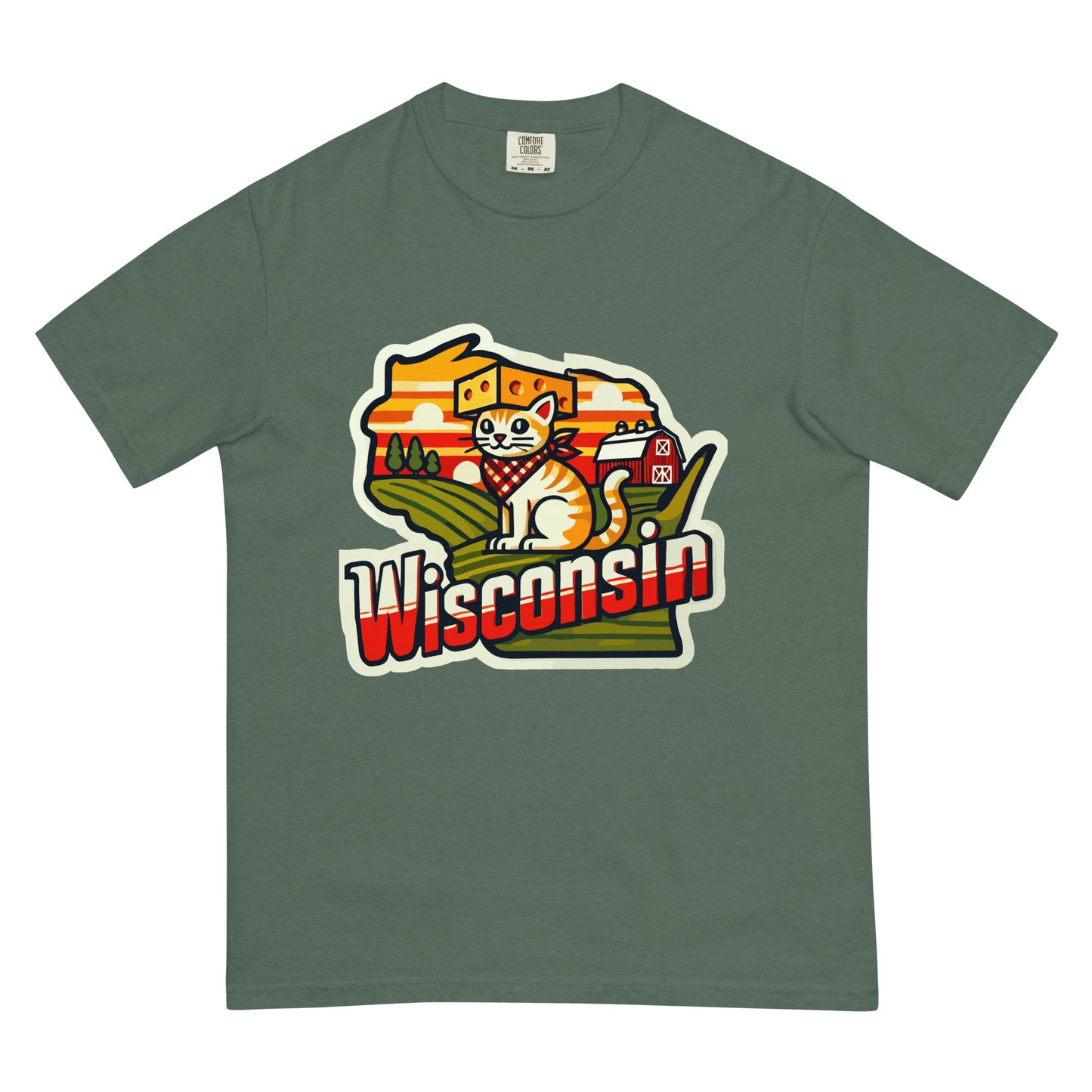 Green Wisconsin cat t-shirt with a playful cat wearing a cheese hat and red bandana over a farm background