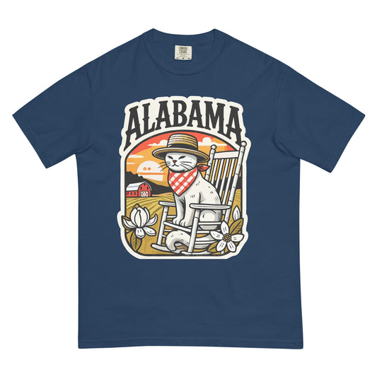 Navy Alabama cat t-shirt featuring a cat in a hat and bandana sitting in a rocking chair with floral and barn design