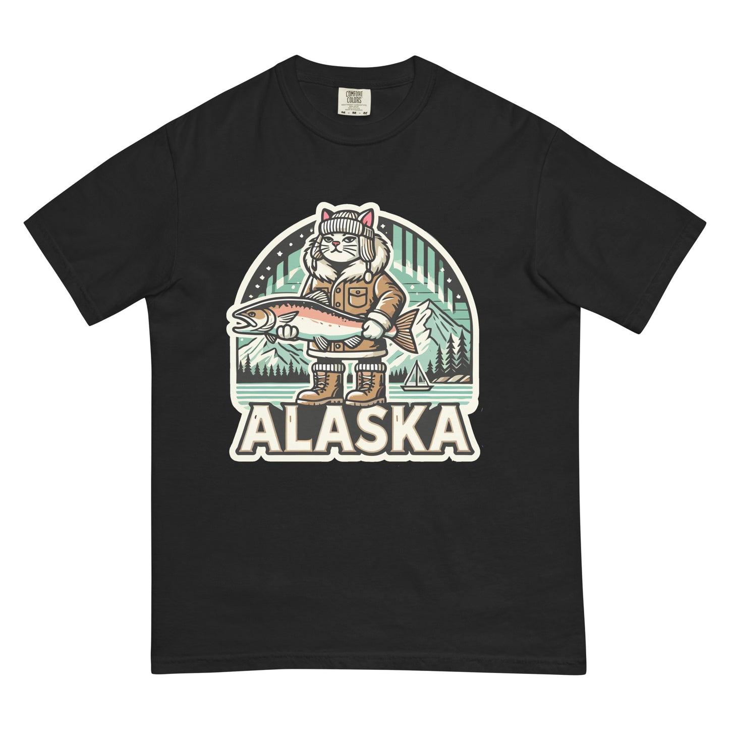 Black Alaska cat T-shirt with cartoon cat holding a fish and Alaska wilderness design
