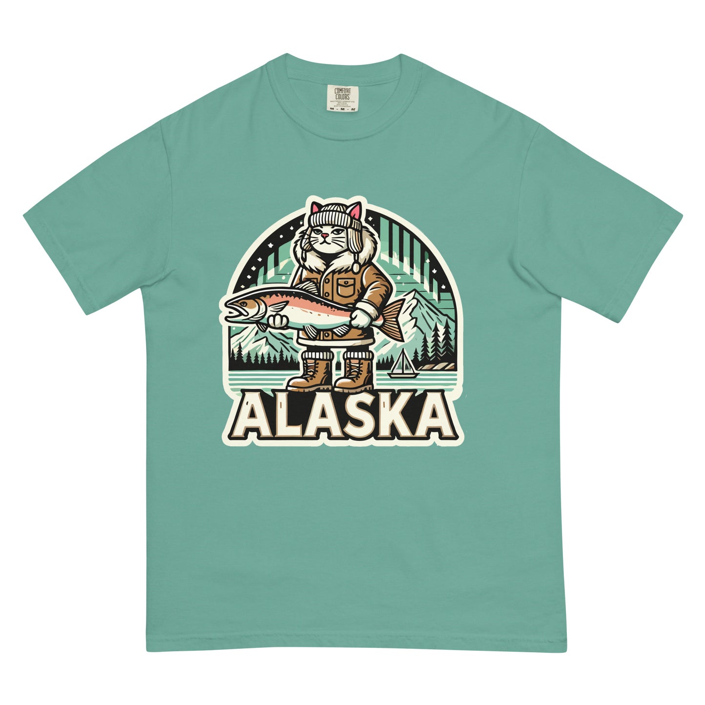 Meowrica Alaska cat T-shirt in green with a cartoon cat holding a large fish and Alaskan landscape