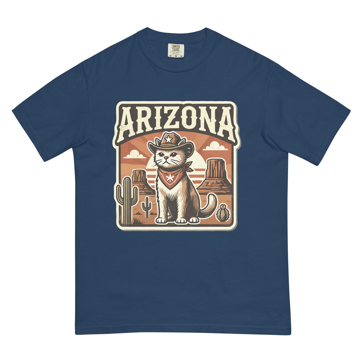Blue Arizona cat t-shirt featuring a cowboy cat with desert background and cactus design