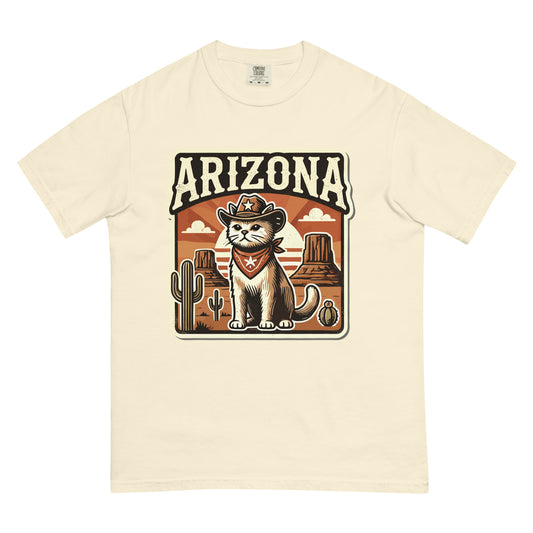 Arizona cat t-shirt with cowboy cat and desert cactus graphic design on cream fabric