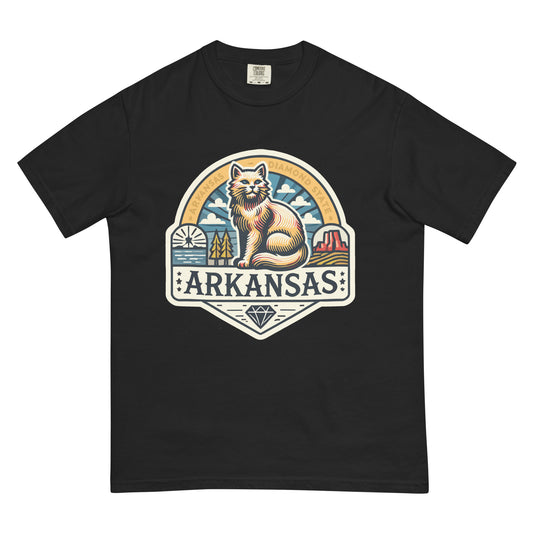 Black meowrica Arkansas cat shirt featuring a vintage-style cat and Arkansas landscape design