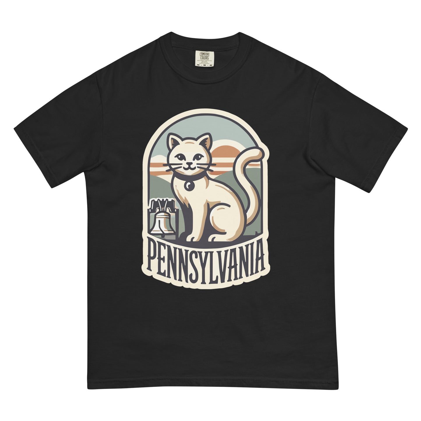 Black Pennsylvania cat t-shirt with vintage cat and Liberty Bell graphic design