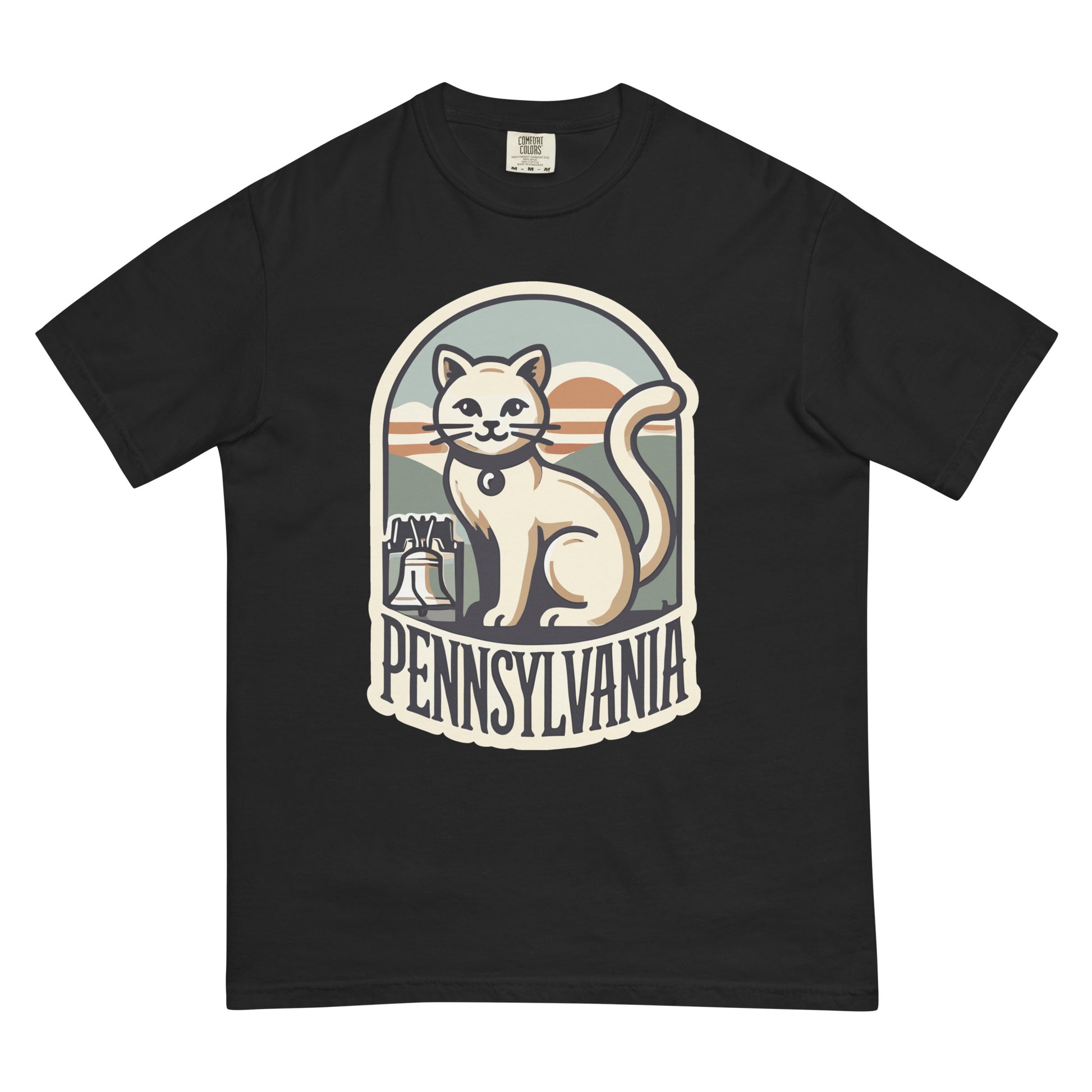 Black Pennsylvania cat t-shirt with vintage cat and Liberty Bell graphic design