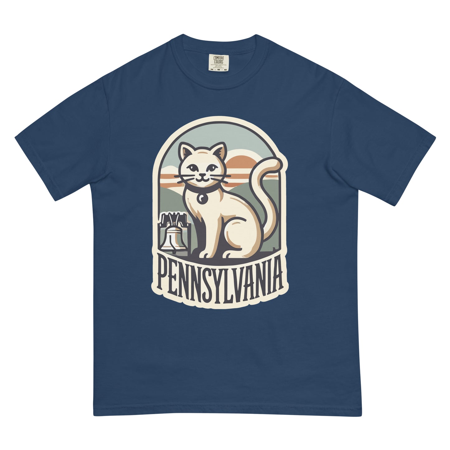 Meowrica Pennsylvania cat t-shirt in navy blue with graphic of a white cat and Liberty Bell