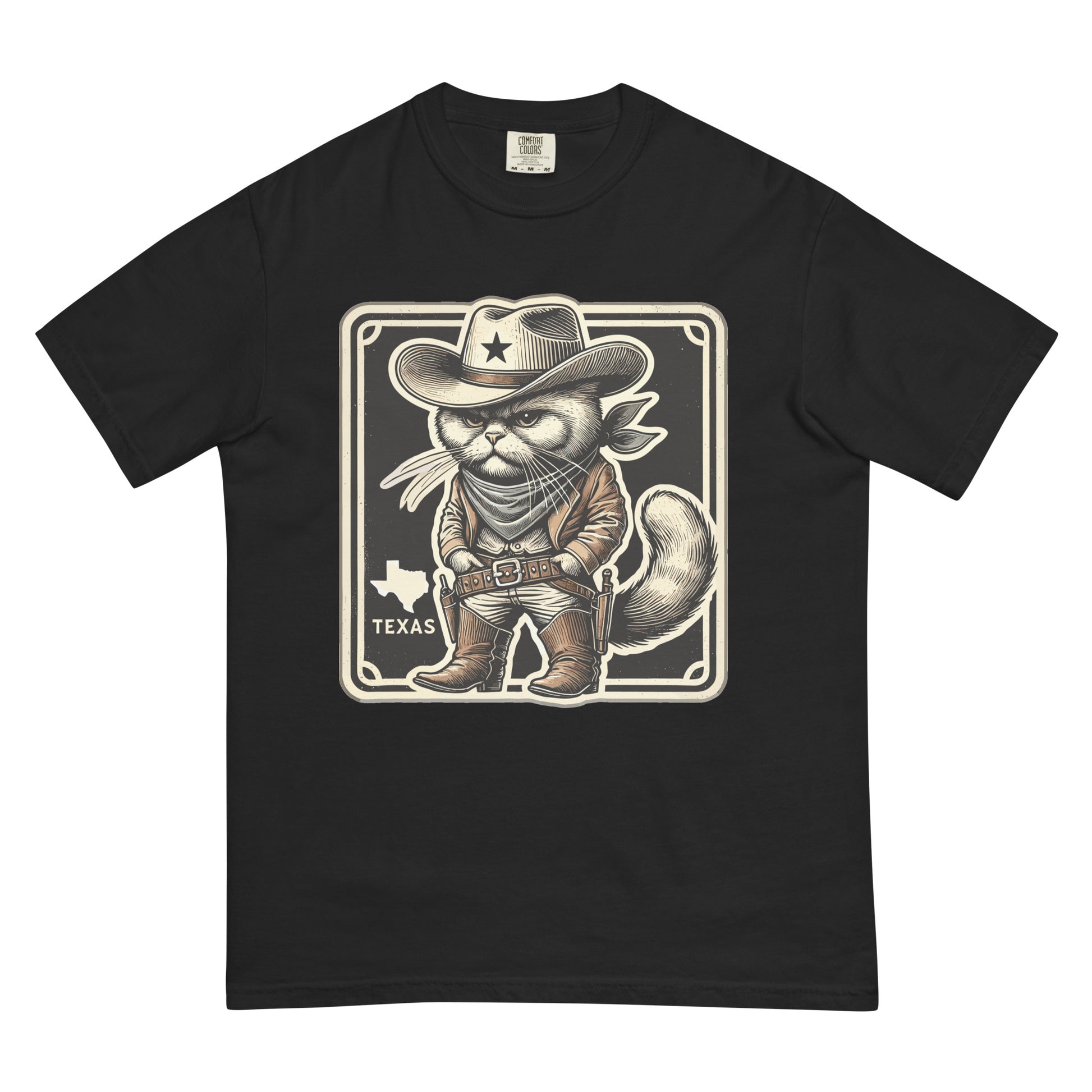 Black cat lover Texas t-shirt with cowboy cat graphic and Texas state outline