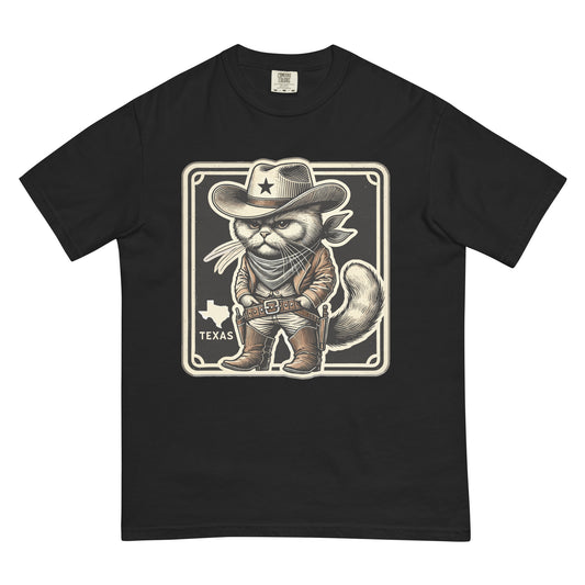 Black cat lover Texas t-shirt with cowboy cat graphic and Texas state outline