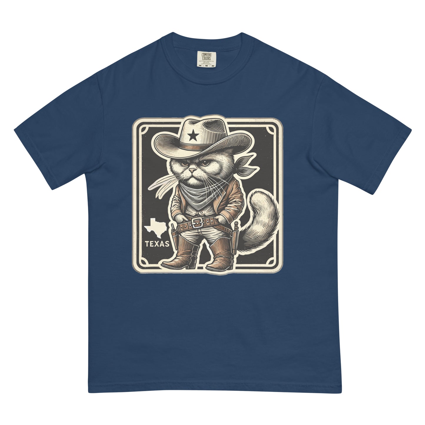 Cat lover Texas t-shirt featuring cartoon cat dressed as a cowboy with Texas map on navy blue shirt