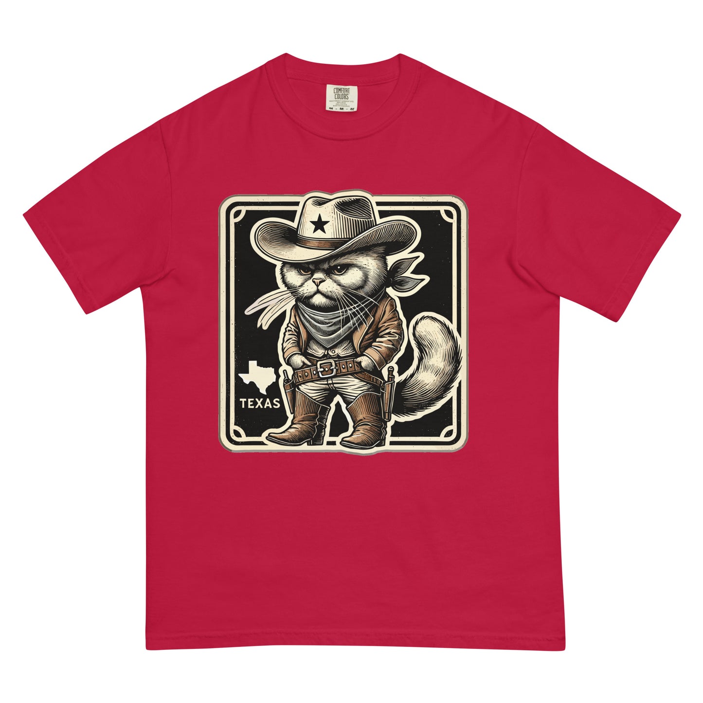 Red cat lover Texas t-shirt with cowboy cat graphic wearing hat boots and bandana