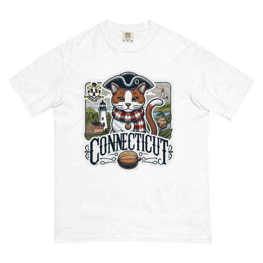 White Connecticut cat t-shirt featuring a cat in colonial attire with lighthouse and state symbols