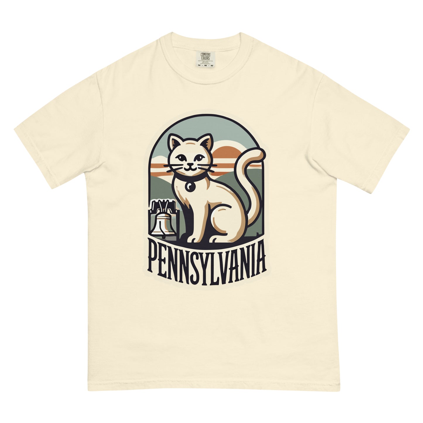 Cream Pennsylvania cat t-shirt with graphic of a cat and Liberty Bell design