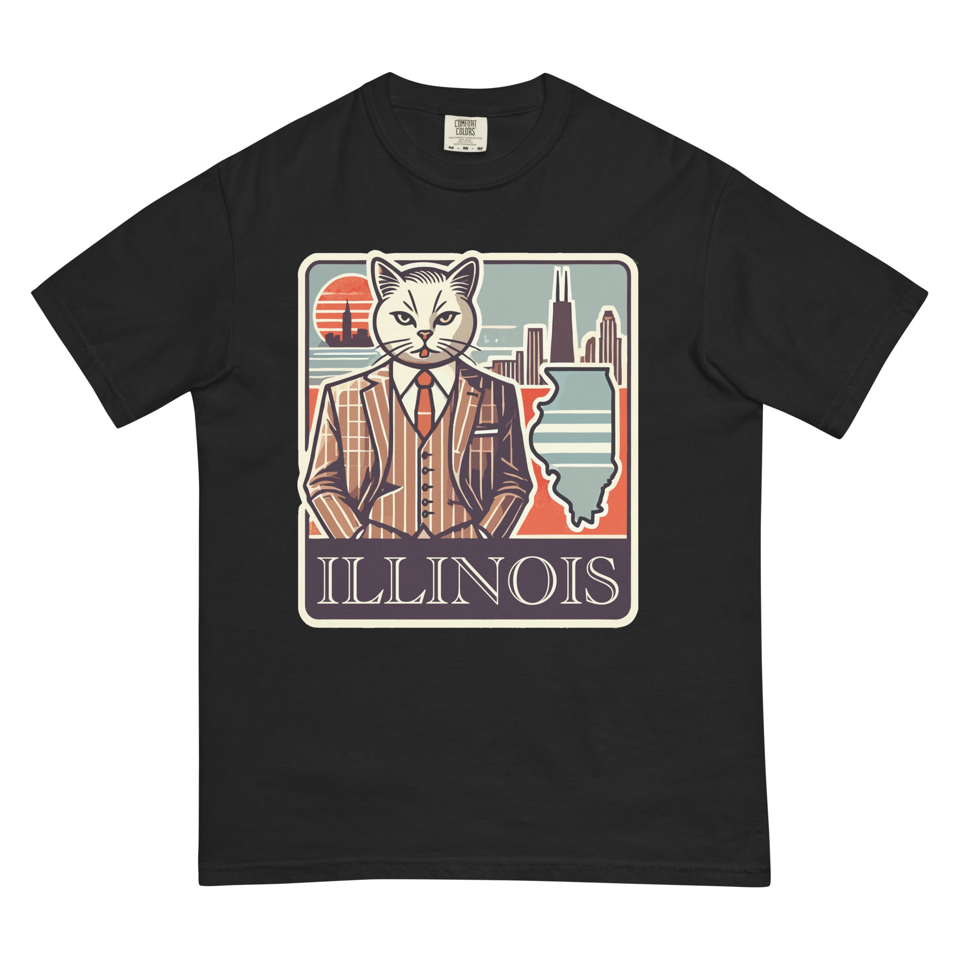 Black Illinois cat t-shirt featuring a stylish cat in a suit with Illinois skyline and state outline