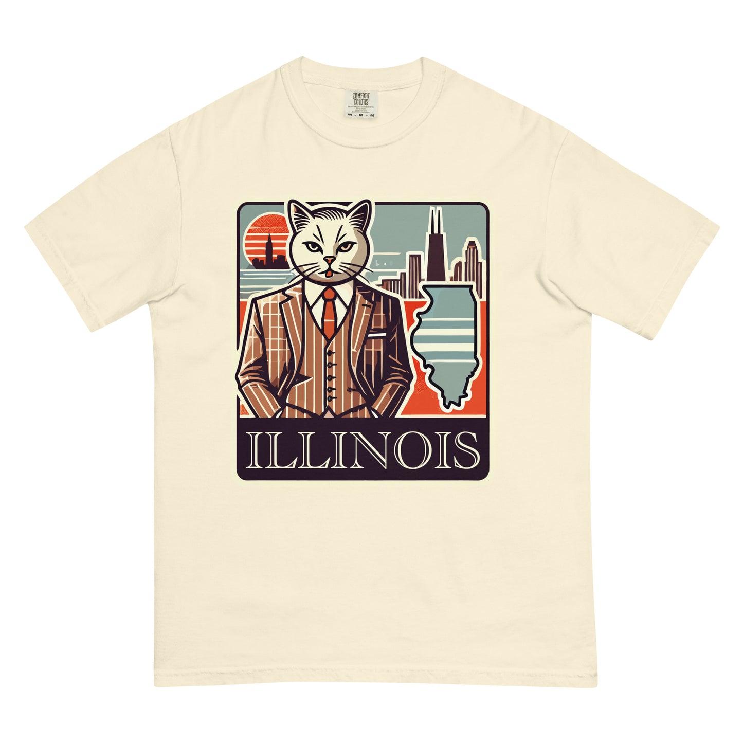 Illinois cat t-shirt featuring a cat in a suit with Illinois state map and city skyline