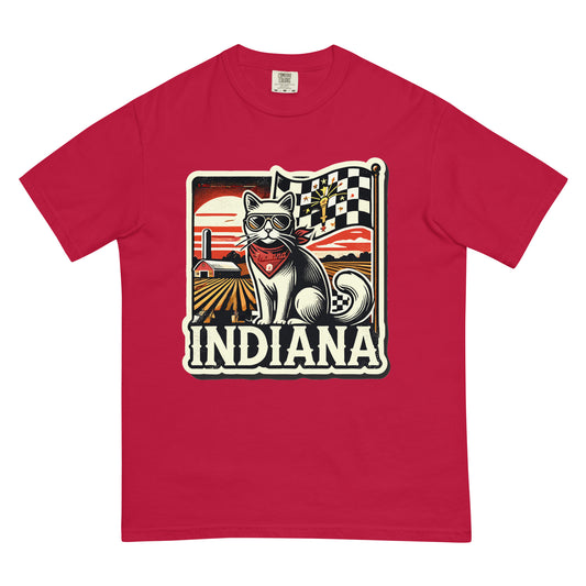 Red Indiana cat shirt featuring a cool cat with sunglasses and checkered flag design