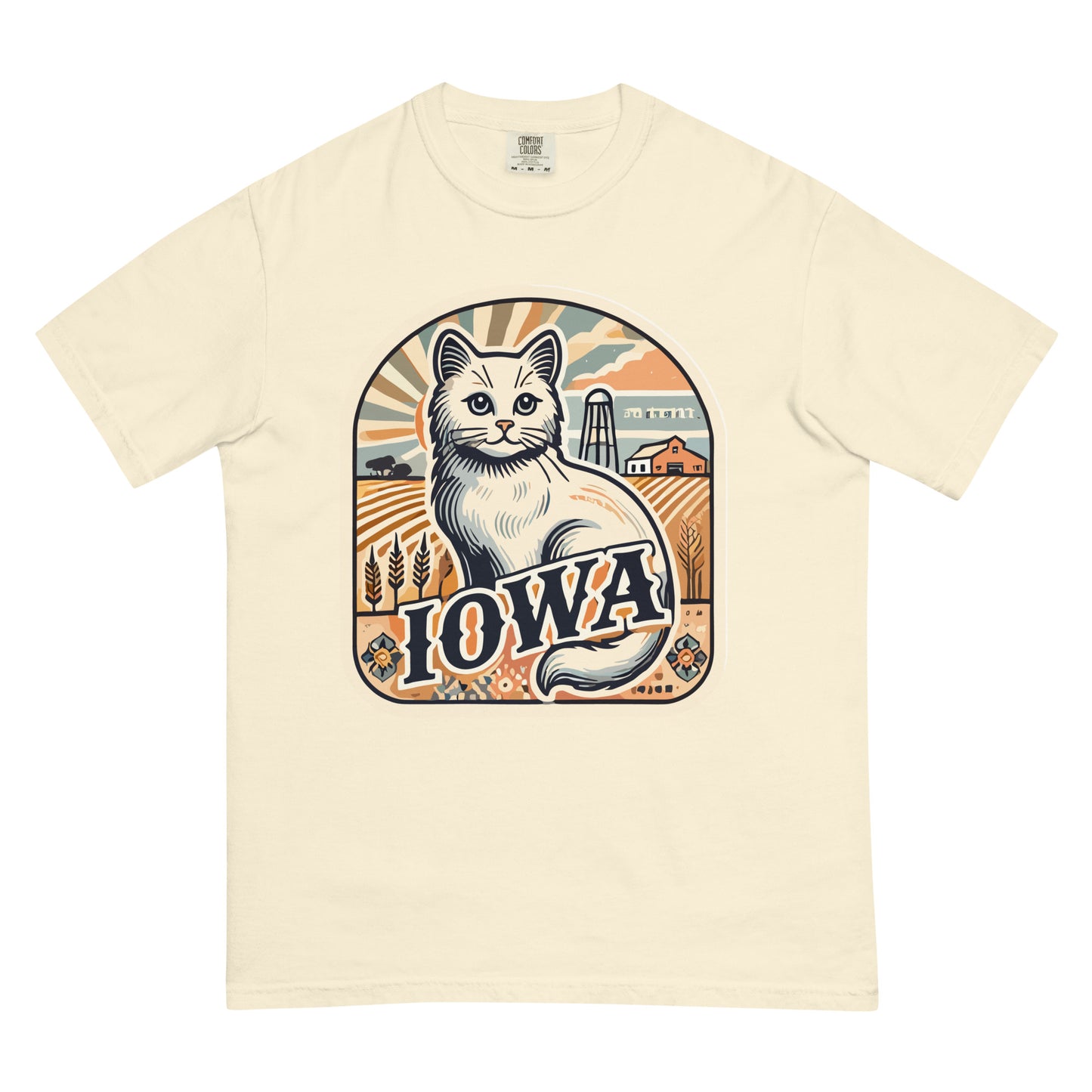 Beige Iowa cat t-shirt with vintage style cat graphic and farm landscape design