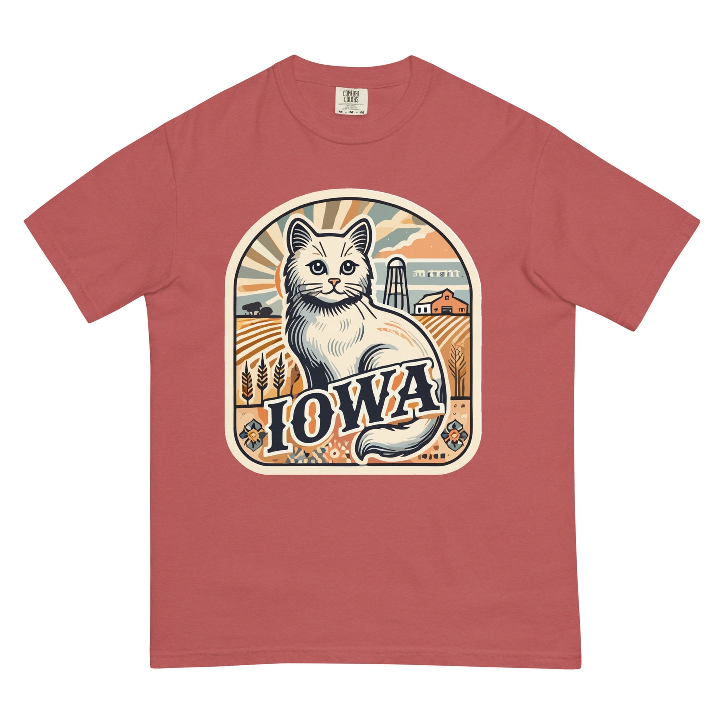 Meowrica Iowa cat t-shirt in dusty rose with vintage farm and cat graphic design