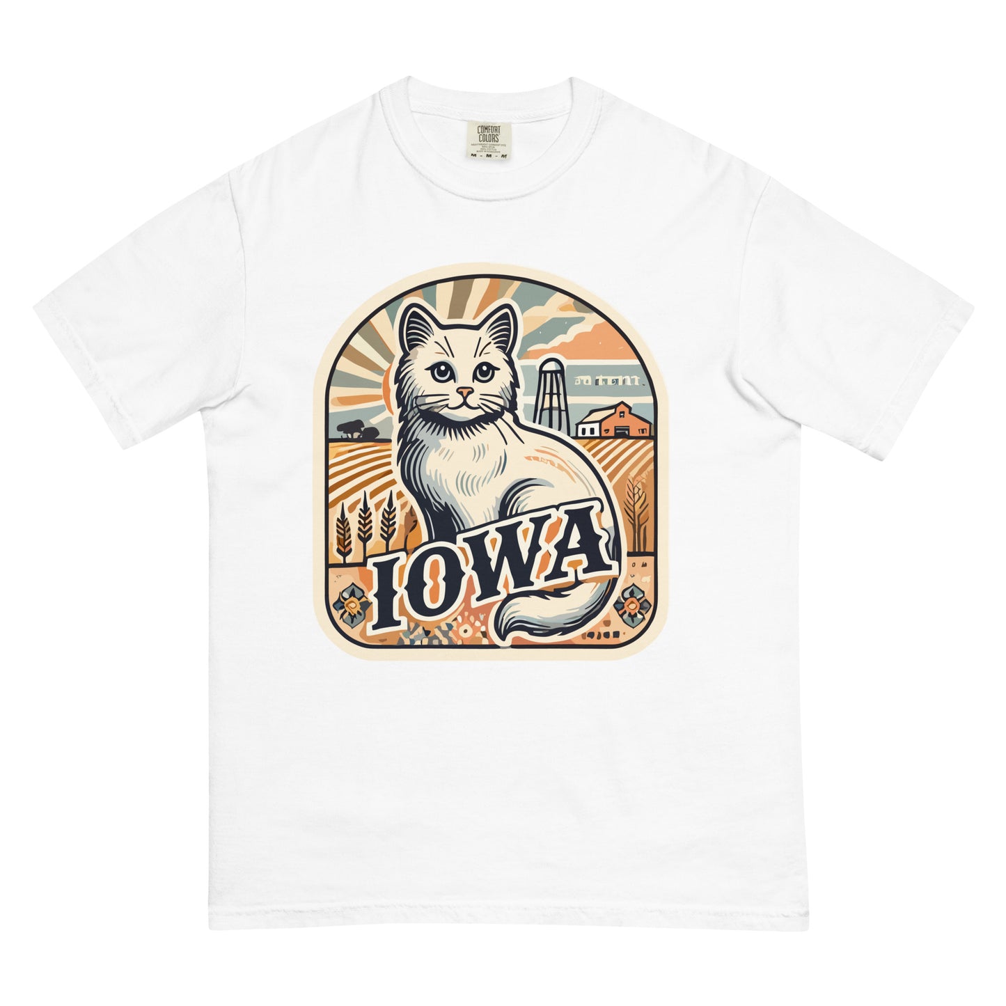 White Iowa cat t-shirt featuring a vintage-style cat illustration with farmland background