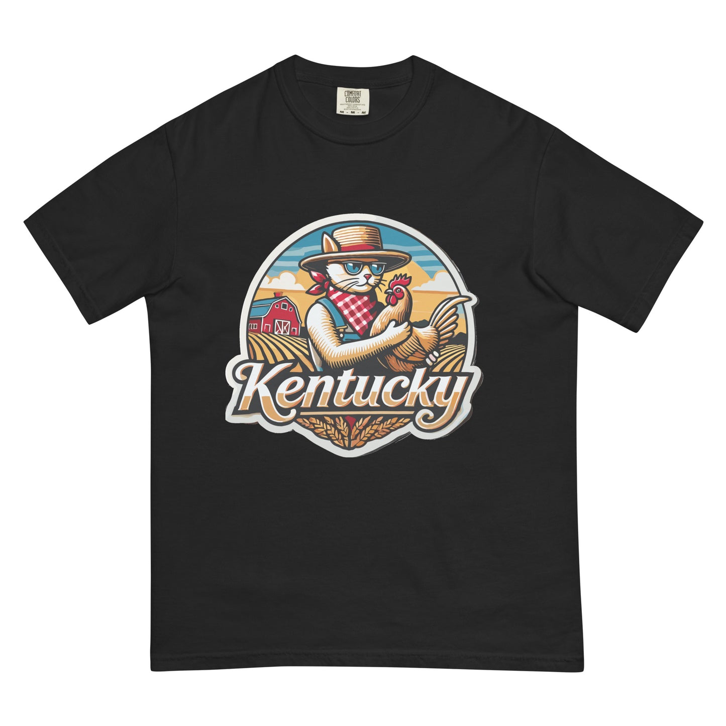 Black Kentucky cat t-shirt with farm-themed cat holding a chicken graphic by meowrica
