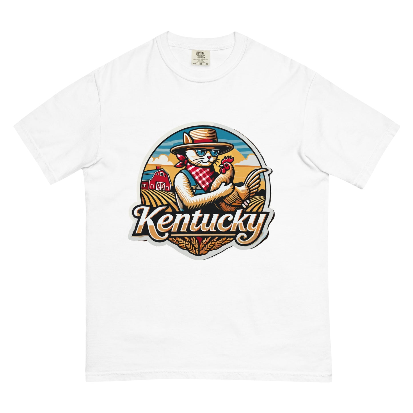 White Kentucky cat t-shirt with a cartoon cat farmer holding a chicken and farm background