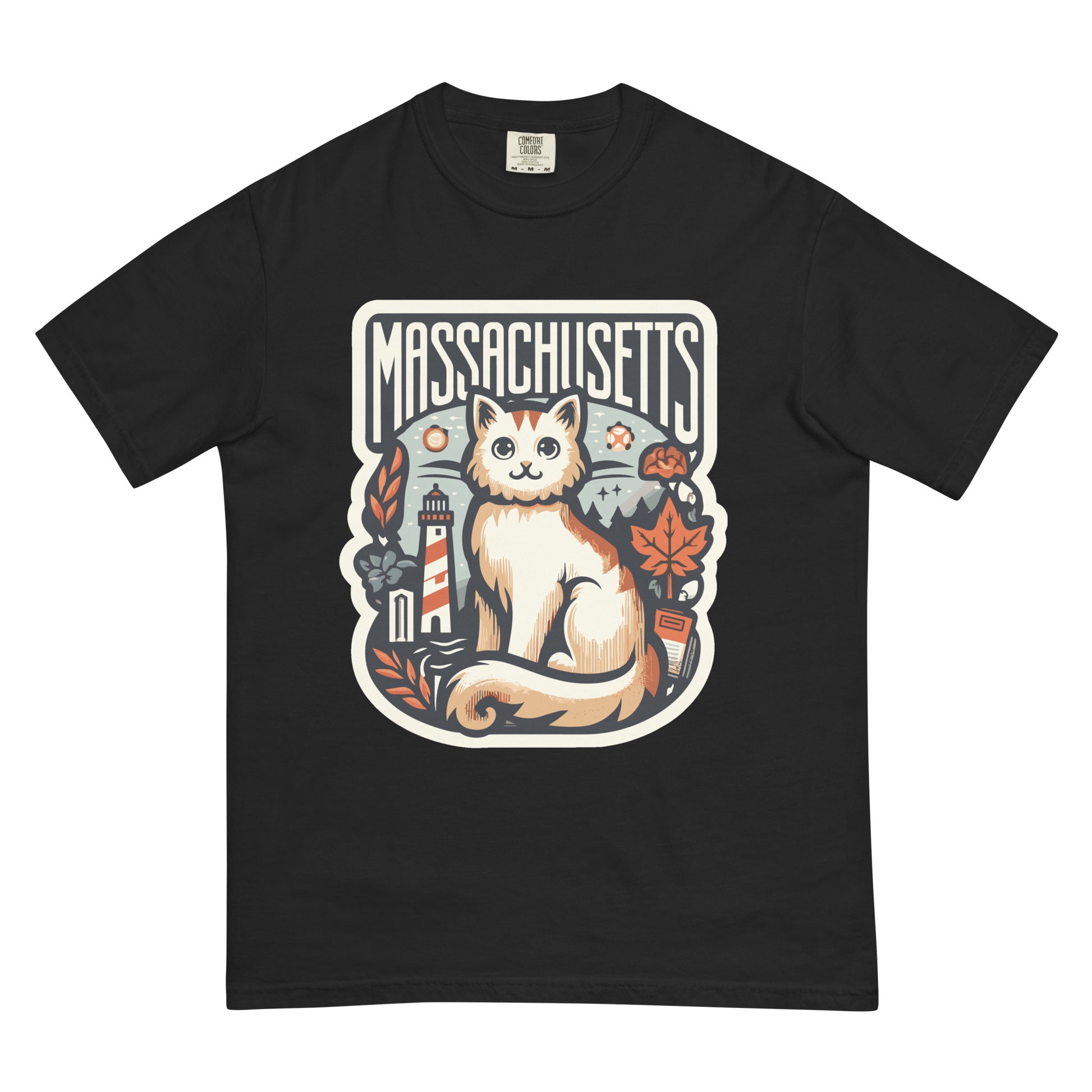 Black Massachusetts cat t-shirt featuring a cute cat with lighthouse and autumn leaves design