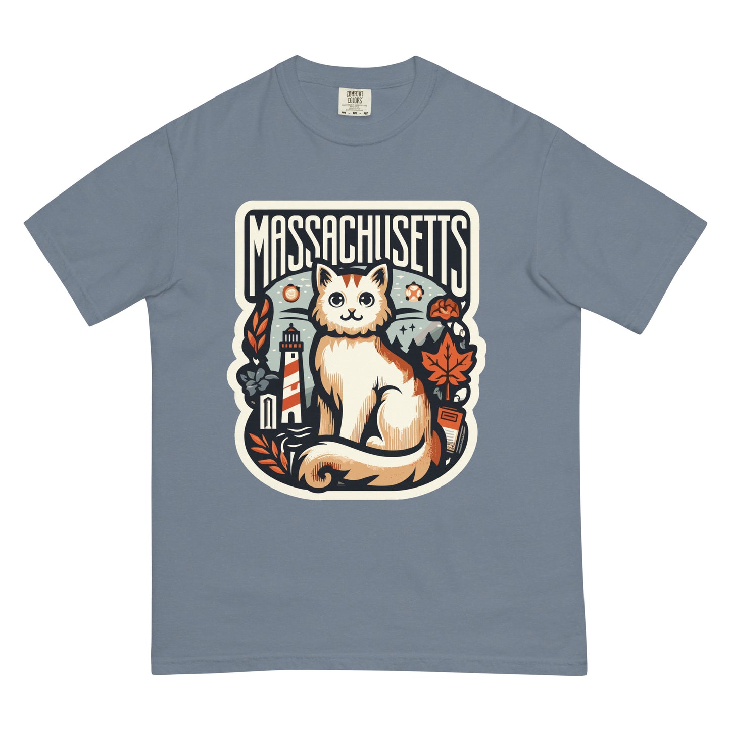 Gray Massachusetts cat t-shirt featuring a cute cat with lighthouse and autumn leaves graphic