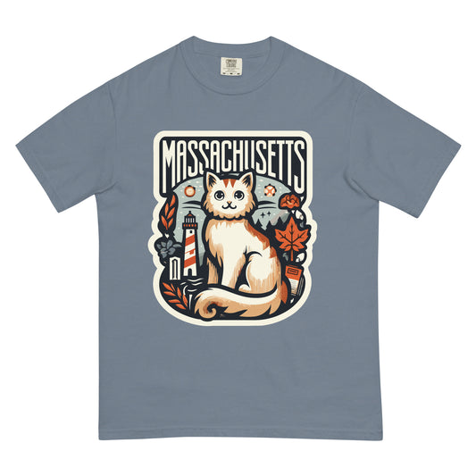 Gray Massachusetts cat t-shirt featuring a cute cat with lighthouse and autumn leaves graphic