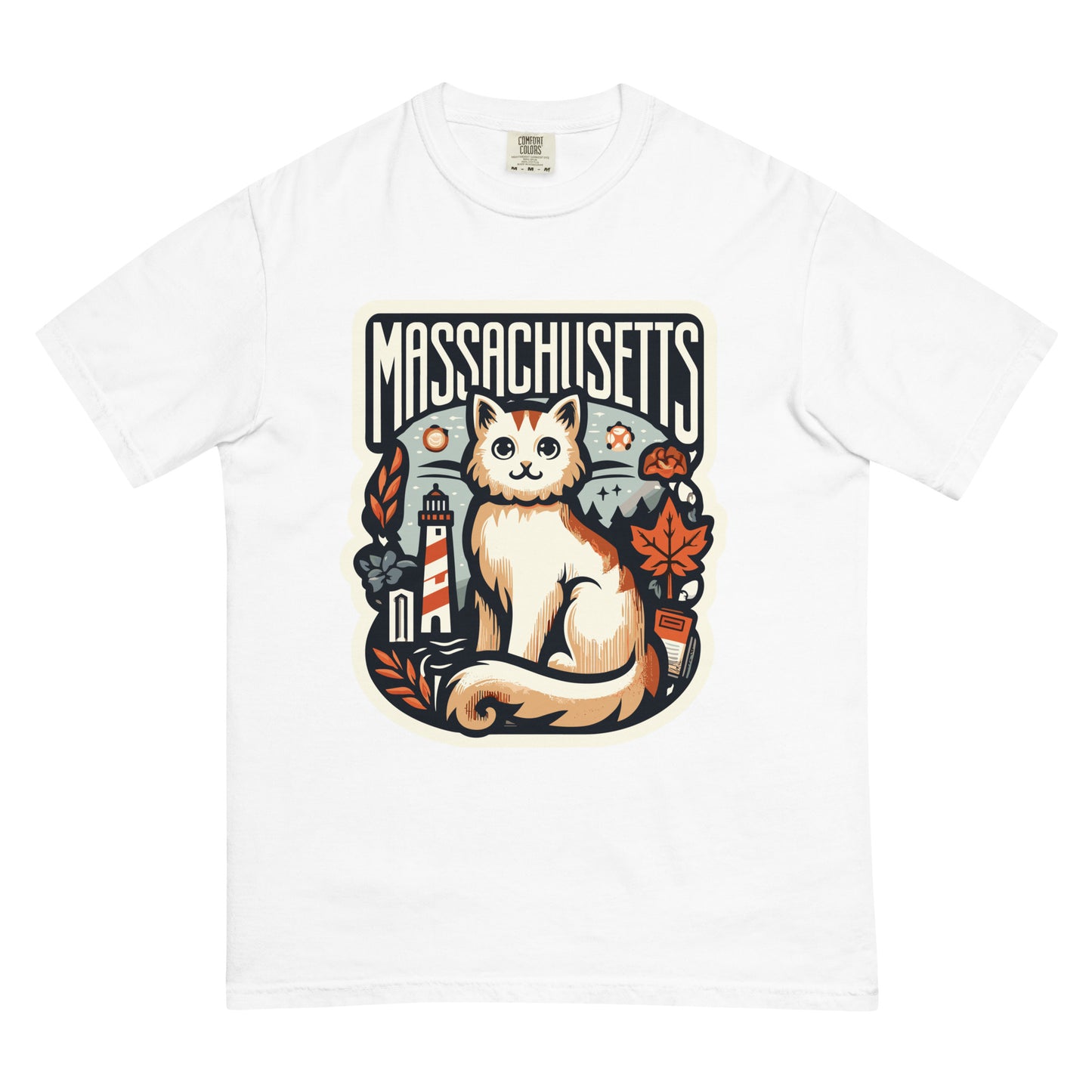 White Massachusetts cat t-shirt featuring a cute cat with lighthouse and autumn leaves design