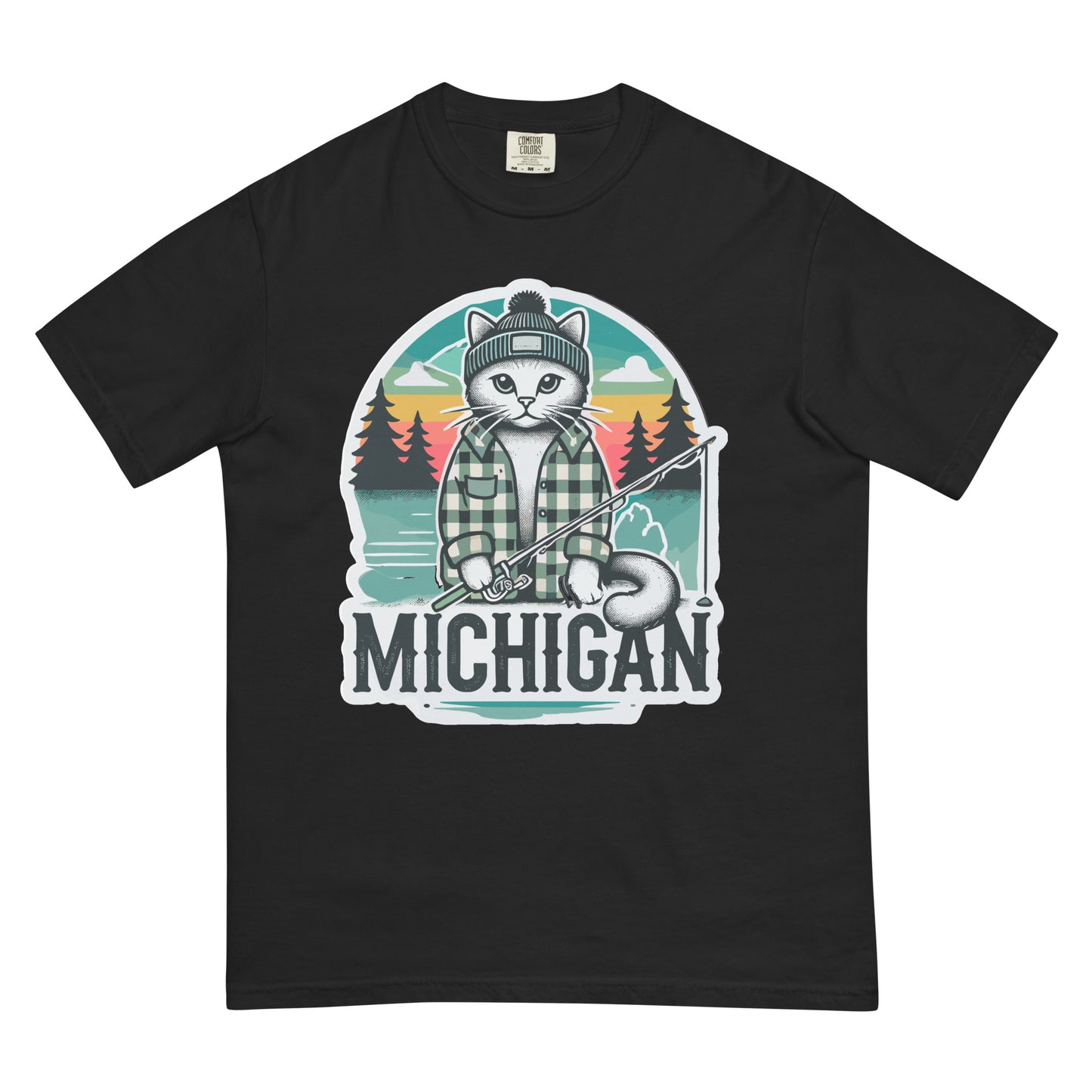 Black Michigan cat t-shirt featuring a fishing cat in a plaid shirt and beanie on a lake background