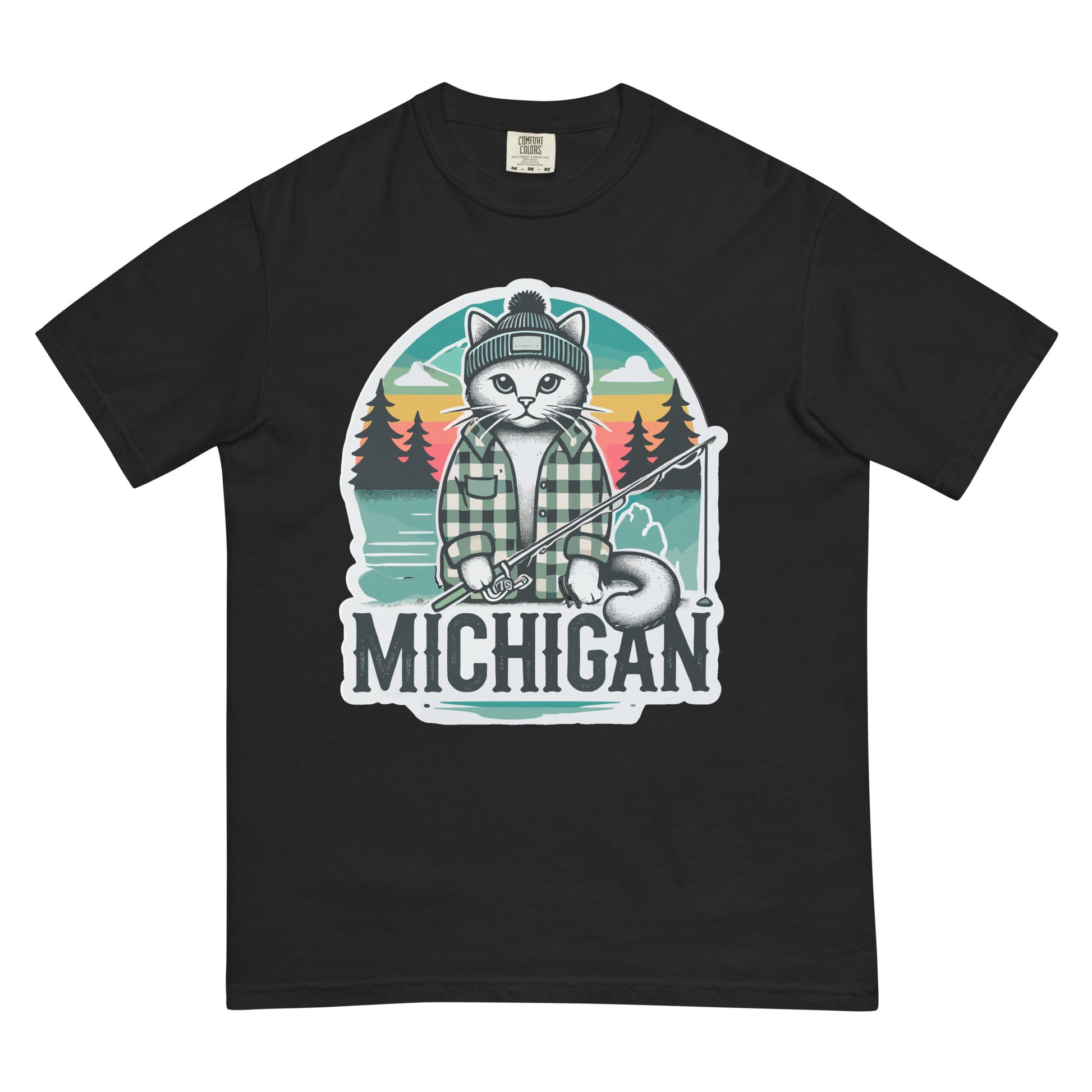 Black Michigan cat t-shirt featuring a fishing cat in a plaid shirt and beanie on a lake background