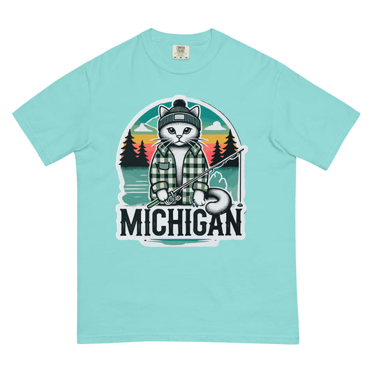 Light blue Michigan cat t-shirt with graphic of a cat fishing in a sunset forest scene