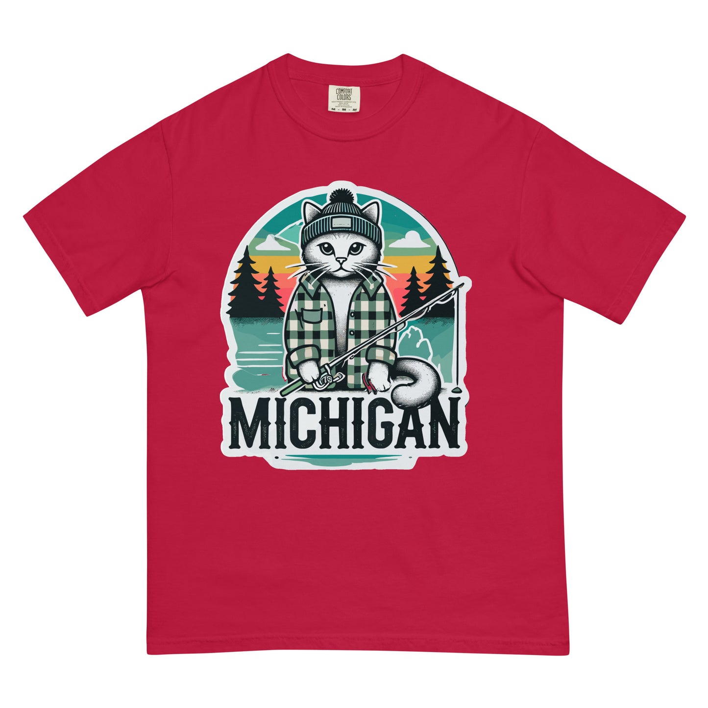 Red Michigan cat t-shirt featuring a fishing cat in a winter hat and plaid shirt with scenic background