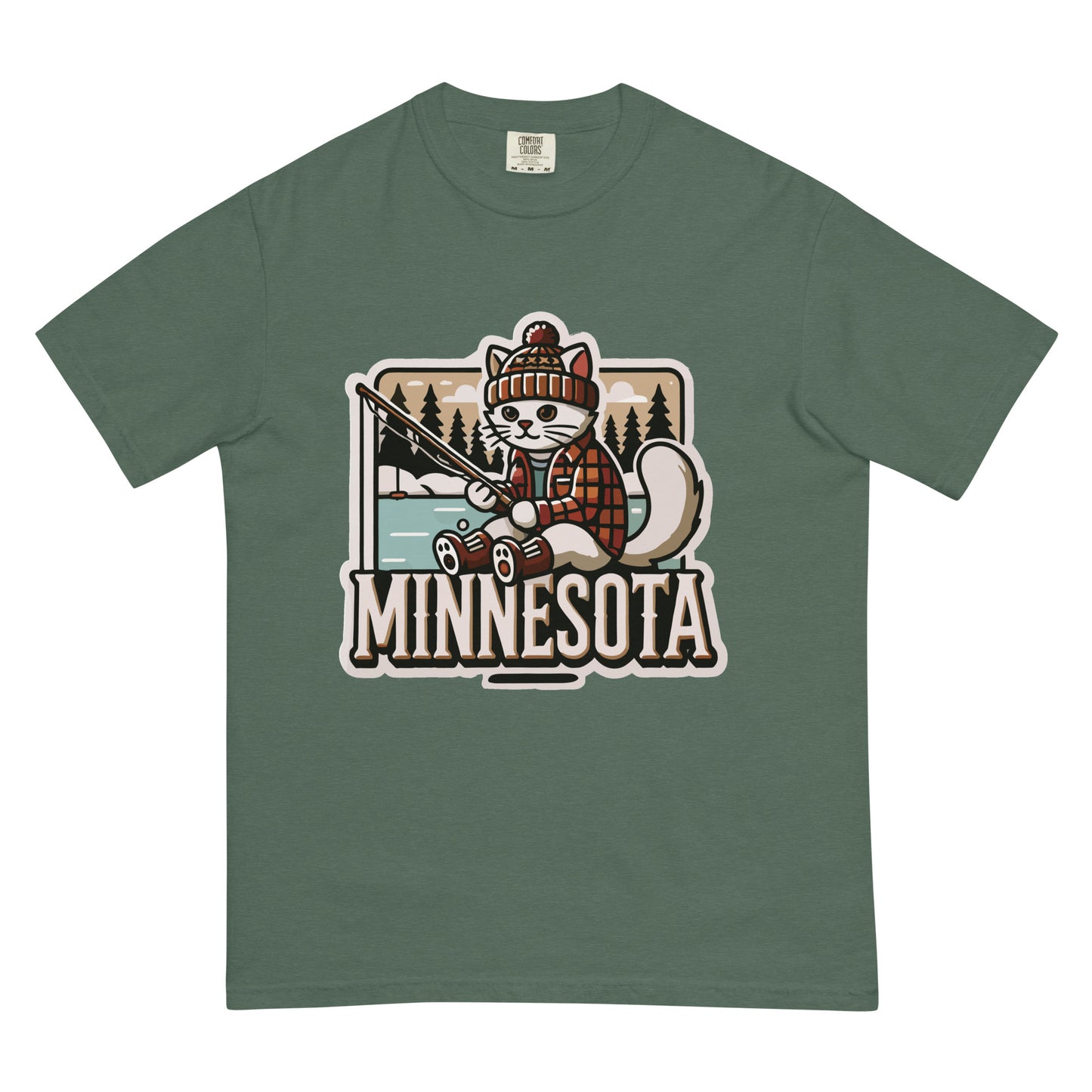 Green Minnesota cat t-shirt featuring a cat in winter clothes fishing by a lake with trees