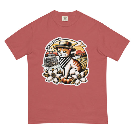 Mississippi cat t-shirt featuring a cat with a hat and bandana by a riverboat and magnolia flowers