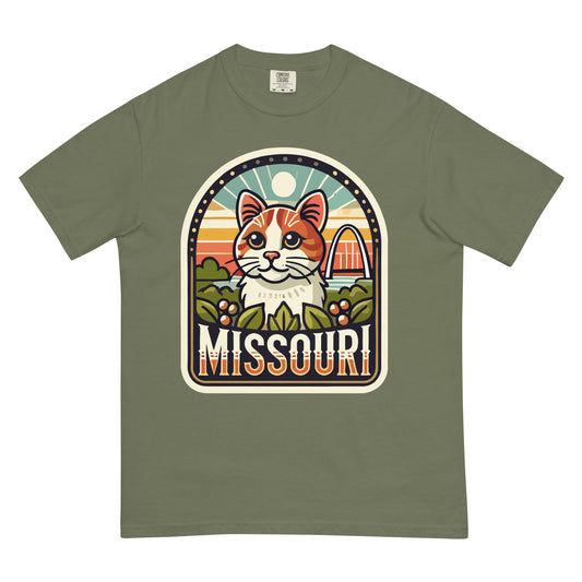 Olive green Missouri cat t-shirt featuring a graphic of a cat with Missouri landmarks and sunset
