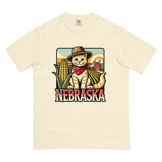 Meowrica Nebraska cat t-shirt featuring a cute cat with a hat and red bandana in a farm setting