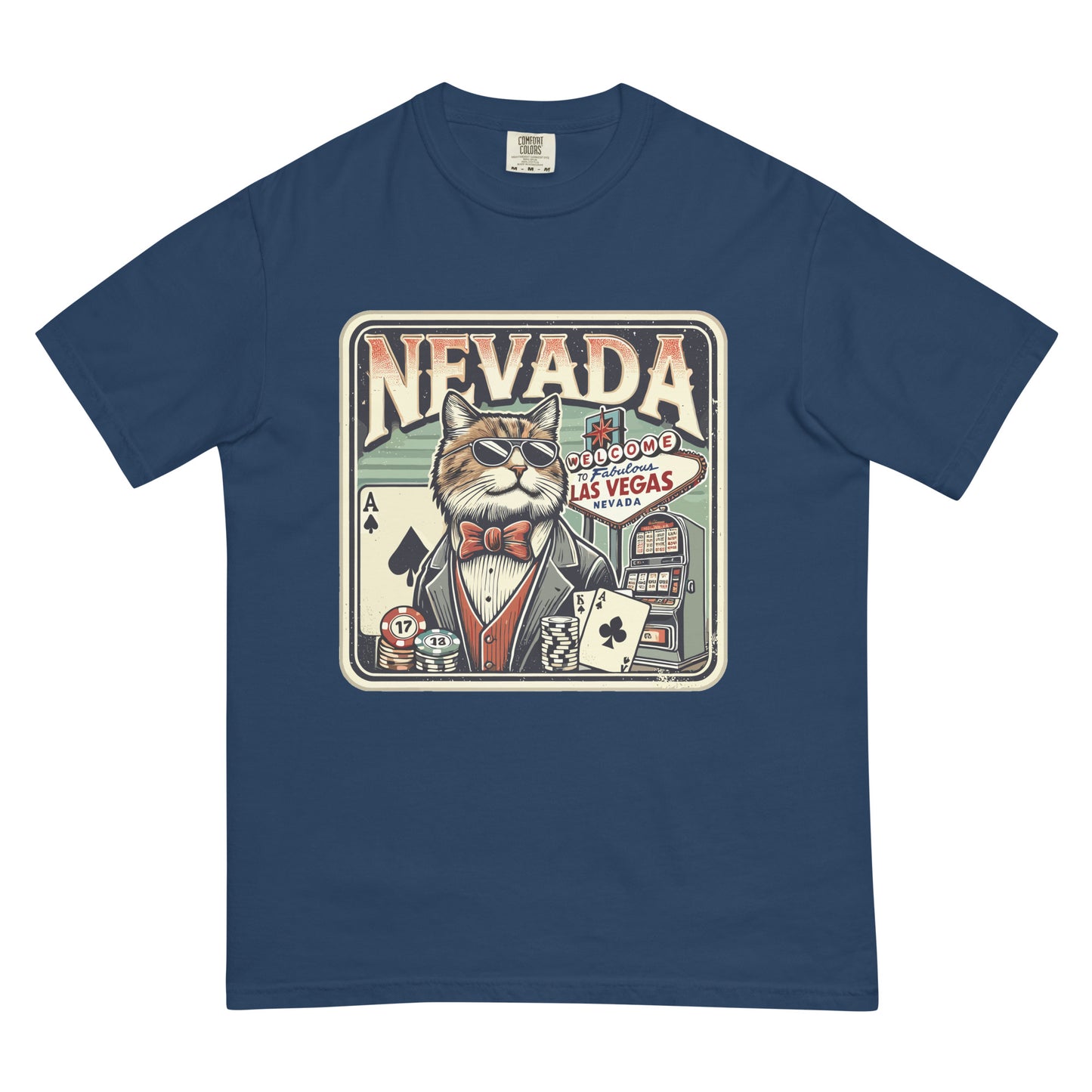Nevada cat t-shirt by meowrica featuring a stylish cat with sunglasses and poker theme on navy blue