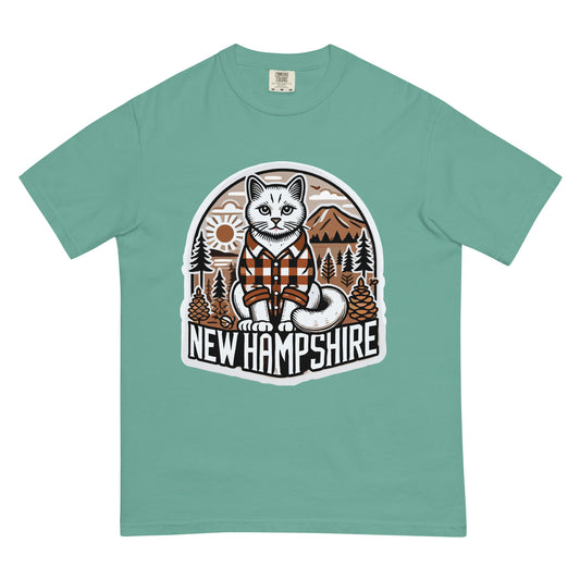New Hampshire cat t-shirt featuring a cat in a plaid shirt with mountain and forest design
